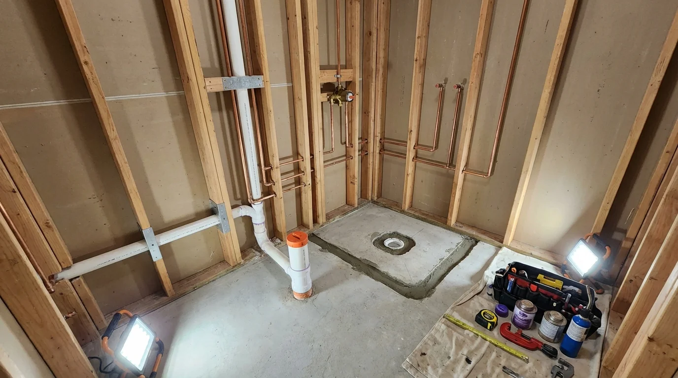 Bathroom rough-in plumbing during remodel by Johns Plumbing LLC in Dayton