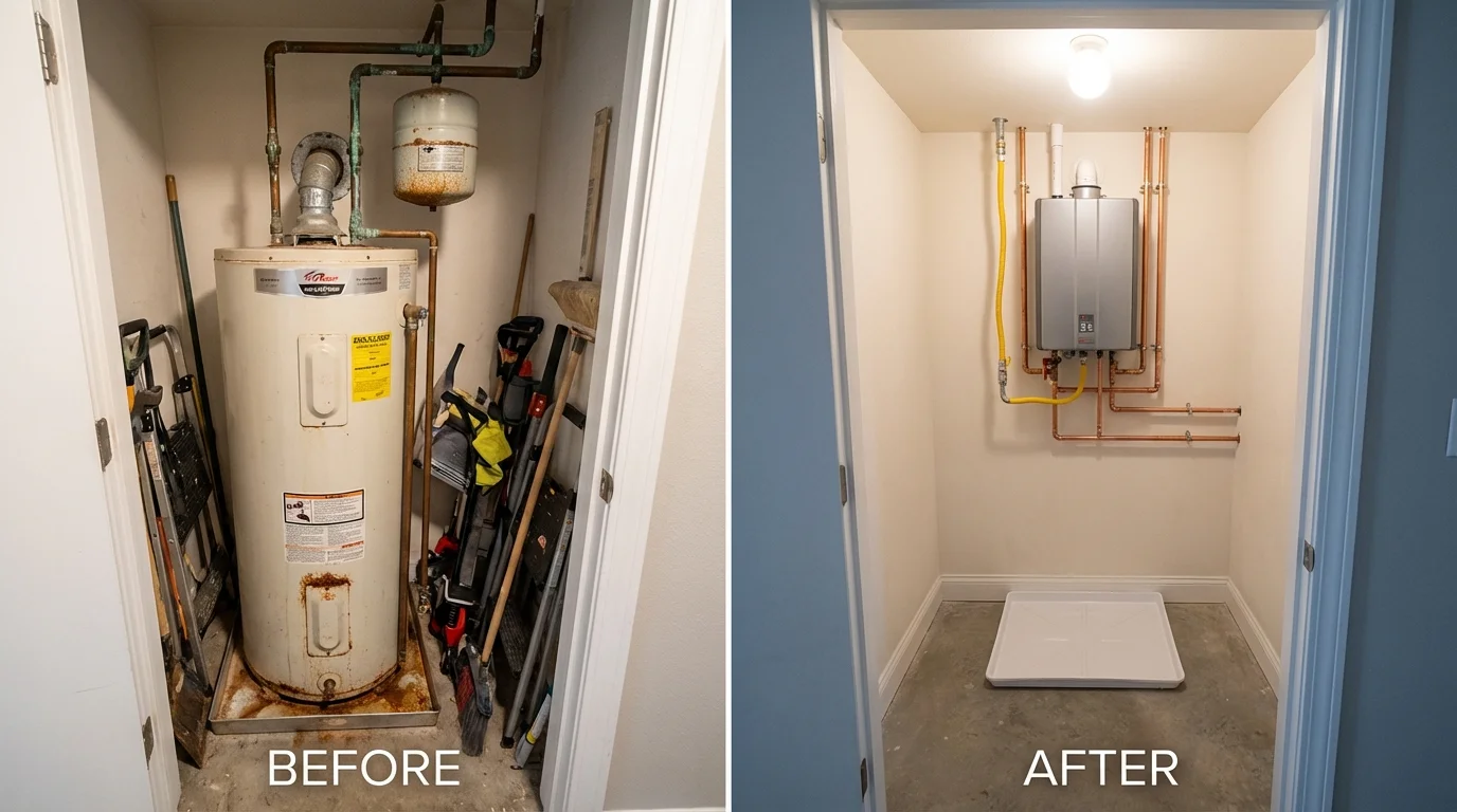 Tank water heater versus wall-mounted tankless unit comparison for Dayton, IN homeowners