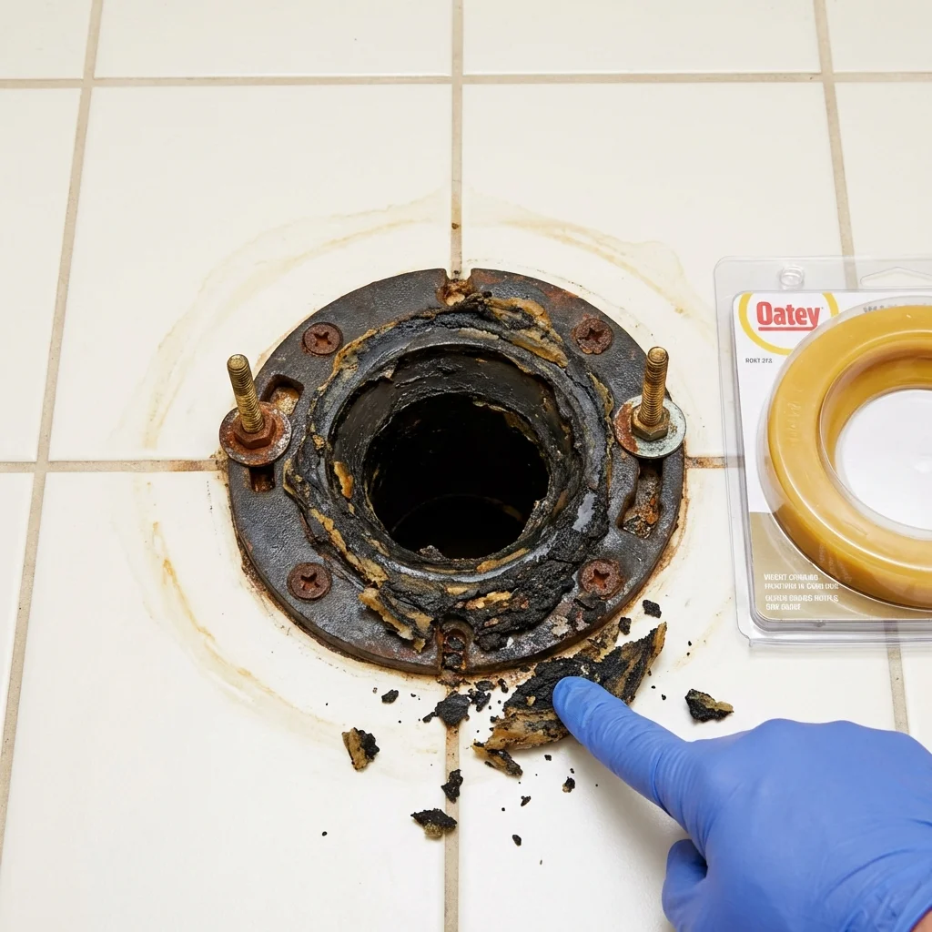 Failed wax ring showing water seepage at the base of a toilet in a Dayton, IN home