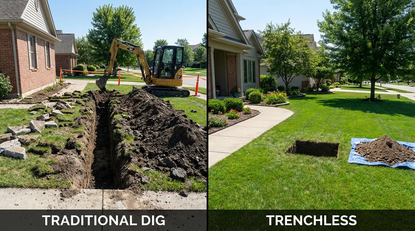 Trenchless sewer repair with minimal yard damage versus traditional excavation in Dayton, IN