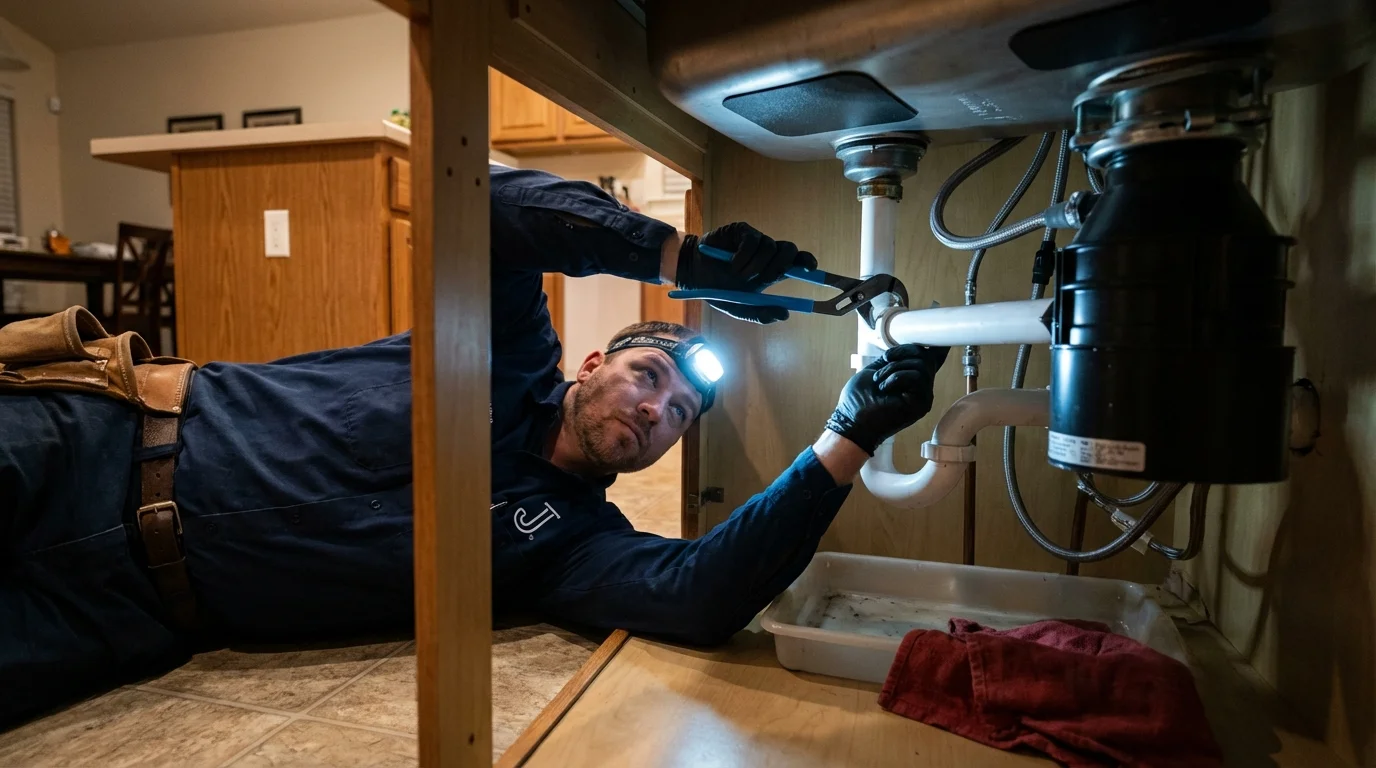 P-trap and supply line connections under a kitchen sink showing a common leak point in Dayton, IN
